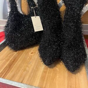 Black Textured Boots Chrome look heel and Bag Set.